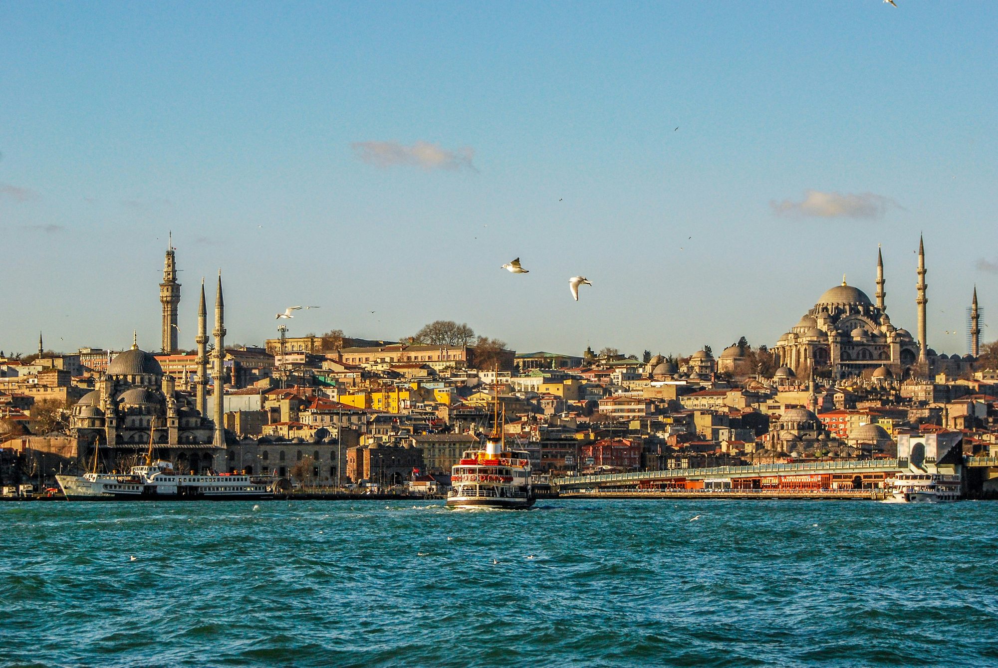 The Golden Horn with the Süleymaniye Mosque, Galata Bridge and a ferry